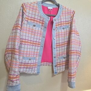 Ecru Colorful Tweed Women's Jacket Size M Denim Trim Short Blazer‎ Round Neck